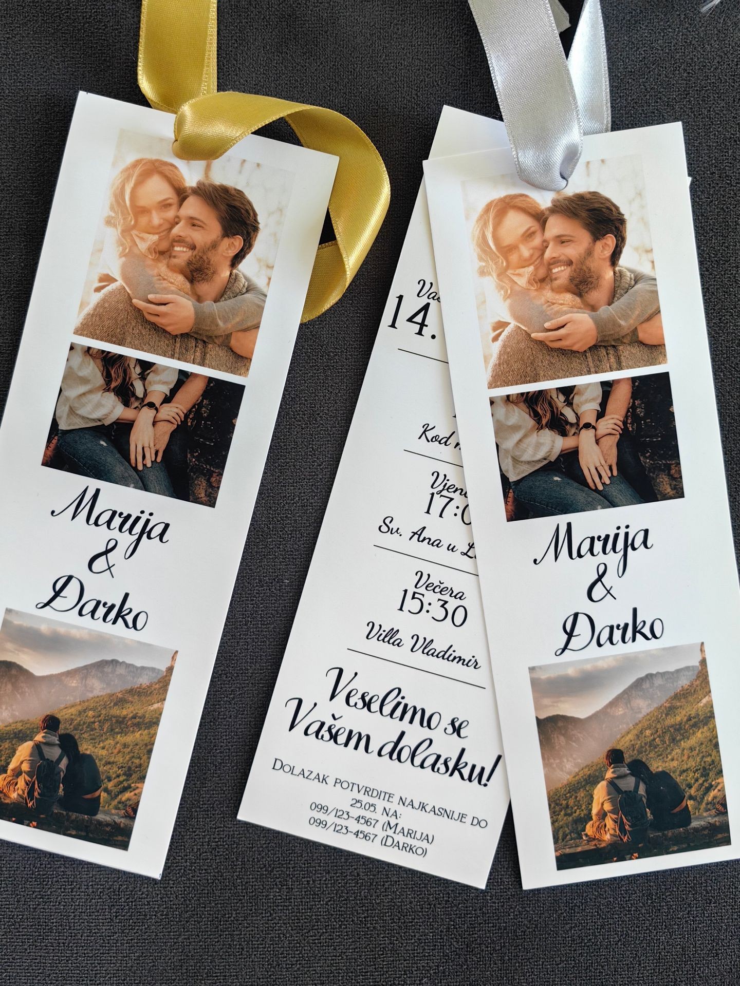 Wedding invitations with couple photos and text, featuring gold and silver ribbons.